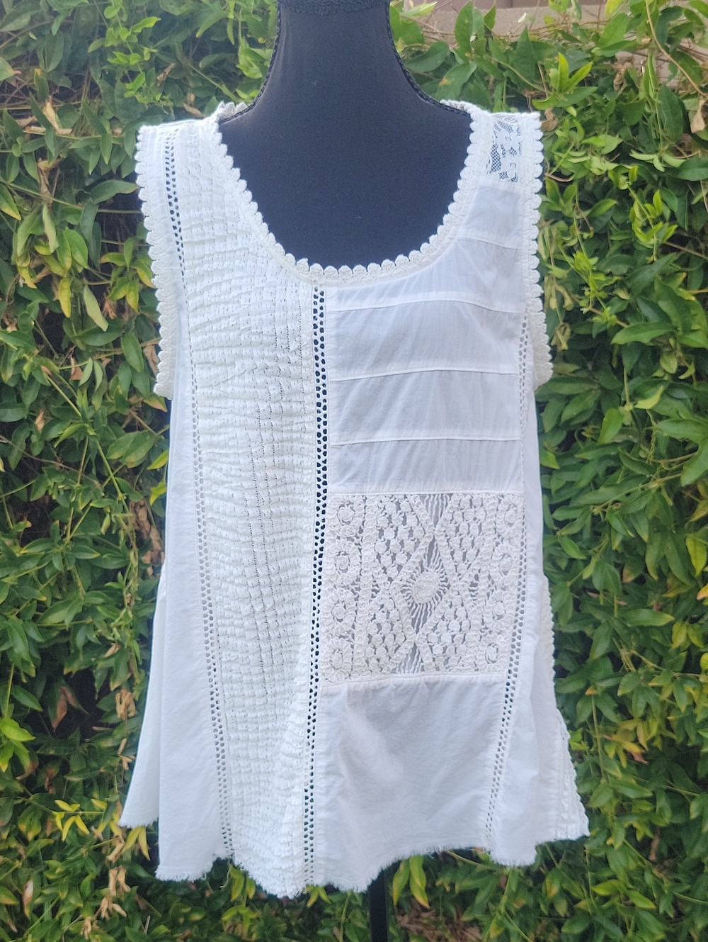 A Rare Bird White Oversized Boho Lace Crochet Sleeveless Flare Festival Top